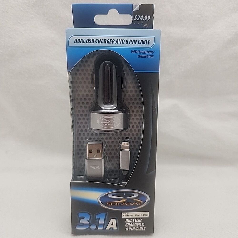 Charger SOLARAY 3.1A Dual USB & 8 Pin Cable Car & Wall Micro Phone Tablet 41983